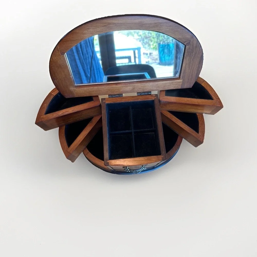 Vintage Mele & Co. Walnut‎ Wooden Jewelry Box, Rotating Swivel Drawers & Mirror